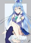  1girl adjusting_hair aqua_(konosuba) aqua_eyes aqua_hair barefoot blush feet kono_subarashii_sekai_ni_shukufuku_wo! long_hair one_eye_closed smile soles splashing toes 