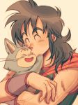  &gt;_&lt; black_hair close-up closed_eyes dragon_ball dragon_ball_(classic) eyebrows_visible_through_hair forehead_kiss happy highres kiss kohara_(kedaruma13) long_hair male_focus neckerchief open_mouth orange_neckwear pink_background puar simple_background smile upper_body yamcha 