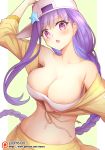  arm_up bandeau bare_shoulders baseball-cap bb_(fate)_(all) bb_(swimsuit_mooncancer)_(fate) braid breasts collarbone eyebrows_visible_through_hair fate/grand_order fate_(series) hat large_breasts long_hair navel open_mouth patreon_logo patreon_username pink_eyes purple_hair revision sideways_hat simple_background solo star stomach upper_body very_long_hair waero white_hat 