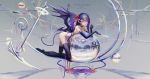  breasts candy chain choker collarbone demon_tail demon_wings elbow_gloves english eyebrows_visible_through_hair flower food gloves hair_flower hair_ornament highres holding lollipop long_hair looking_at_viewer medium_breasts nude original purple_hair red_eyes ribbon solo tail thighhighs two_side_up wangchuan_de_quanyan wings 