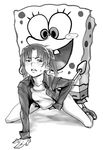  1girl amasawa_yuuko artist_request crossover dennou_coil doggystyle glasses greyscale hands hetero jacket monochrome nickelodeon rape sex short_twintails spongebob_squarepants spongebob_squarepants_(character) tank_top twintails visor 