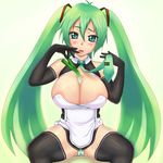  bare_shoulders between_breasts blush breasts cosplay dream_c_club dream_c_club_(series) elbow_gloves gloves green_hair hatsune_miku huge_breasts long_hair necktie o&amp;x panties rui_(dream_c_club) rui_(dream_c_club)_(cosplay) sitting solo spring_onion striped striped_panties thighhighs twintails underwear very_long_hair vocaloid 