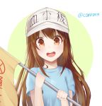  :d blue_shirt blush brown_eyes brown_hair character_name clothes_writing commentary ds_a flag flat_cap green_background grey_hat hands_up hat hataraku_saibou holding holding_flag long_hair looking_at_viewer open_mouth platelet_(hataraku_saibou) round_teeth shirt short_sleeves smile solo teeth twitter_username two-tone_background upper_teeth very_long_hair white_background 