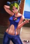  absurdres animal_print arm_behind_head beckoning blue_eyes blue_hair braid breasts brooch character_name commentary_request crop_top double_bun green_hair green_lipstick highres hips jewelry jojo_no_kimyou_na_bouken kuujou_jolyne landuo_deneng_maoshen lipstick looking_at_viewer makeup medium_breasts multicolored_hair navel nose pants single_braid solo spider_print stomach suspenders third-party_edit third-party_source third-party_watermark toned two-tone_hair 