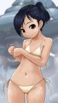 ass_visible_through_thighs asymmetrical_bangs bangs bare_arms bare_shoulders bikini black_hair blurry blurry_background brown_eyes cameltoe closed_mouth collarbone commentary_request depth_of_field flat_chest grey_background halter_top halterneck head_tilt looking_at_viewer navel original ponytail robot rohitsuka side-tie_bikini smile solo swimsuit white_bikini 