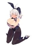  ahoge alternate_costume animal_ears arms_under_breasts bare_shoulders black_legwear black_leotard breast_hold breasts bunny_ears bunny_girl bunny_tail bunnysuit cleavage commentary_request detached_collar embarrassed eyebrows_visible_through_hair fake_animal_ears fate/grand_order fate_(series) hair_between_eyes hajime_(hajime-ill-1st) high_heels highres jeanne_d'arc_(alter)_(fate) jeanne_d'arc_(fate)_(all) kneeling large_breasts leotard looking_at_viewer pantyhose silver_hair simple_background smile solo tail wavy_mouth white_background wrist_cuffs yellow_eyes 
