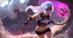  breasts circlet cleavage cleavage_cutout closed_mouth commentary dragon earrings flail gloves guardian_kingdoms holding holding_weapon jewelry large_breasts lips long_hair looking_at_viewer midriff morning_star navel purple_eyes raikoart running short_shorts shorts weapon white_hair 