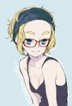  :&gt; alternate_hair_length alternate_hairstyle blonde_hair blue_eyes breasts cleavage commentary_request dekomegane eyebrows forehead glasses hairband original sasetsu short_hair smile solo tank_top thick_eyebrows 