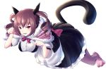  animal_ears apron bow breasts cat_ears cat_slippers cat_tail dress drill_hair fang fur-trimmed_hood looking_at_viewer maid maid_apron medium_breasts open_mouth paw_pose pink_hair red_eyes short_hair short_twintails simple_background slit_pupils steins;gate tagame_(tagamecat) tail twin_drills twintails white_background 