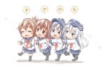  4girls :d ^_^ ^o^ akatsuki_(kantai_collection) black_hat black_legwear black_sailor_collar black_skirt blue_eyes brown_eyes brown_hair closed_eyes eyes_closed fang flat_cap folded_ponytail fujishima_shinnosuke hair_between_eyes hair_ornament hairclip hat hibiki_(kantai_collection) ikazuchi_(kantai_collection) inazuma_(kantai_collection) kantai_collection kneehighs long_hair long_sleeves multiple_girls nanodesu_(phrase) neckerchief open_mouth pantyhose pleated_skirt purple_eyes purple_hair red_neckwear sailor_collar school_uniform serafuku shadow short_hair silver_hair simple_background skirt smile speech_bubble thighhighs white_background 