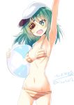  arm_up ball beachball bikini blush breasts commentary_request eyebrows_visible_through_hair eyepatch flat_cap green_eyes green_hair hair_between_eyes hat highres hizaka kantai_collection kiso_(kantai_collection) long_hair looking_at_viewer open_mouth simple_background small_breasts solo swimsuit twitter_username white_background 