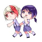  animated animated_gif bing_yan blonde_hair blush chibi chinese_commentary commentary_request covering_mouth fishm6nj850830 full_body holding_hands male_focus multicolored_hair multiple_boys open_mouth otoko_no_ko purple_eyes purple_hair purple_shorts red_eyes short_sleeves shorts streaked_hair suspender_shorts suspenders the_unique_legend transparent_background uniform walking white_pupils yakushiji_gasai 
