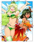  :d ^_^ armband armpits arms_up bangs bikini black_hair blue_sky border brazil brazilian carnival closed_eyes commentary crossover dark_skin day dot_nose eyebrows_visible_through_hair green_bikini green_hair green_legwear idolmaster idolmaster_cinderella_girls idolmaster_cinderella_girls_starlight_stage idolmaster_million_live! jewelry long_hair medium_hair midriff miridereningen multiple_girls natalia_(idolmaster) navel open_mouth outdoors samba sarong shimabara_elena sky smile swimsuit trait_connection very_long_hair 