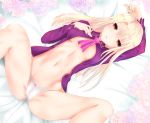  bilibala blonde_hair cameltoe cross erect_nipples fate/stay_night fate_(series) flowers illyasviel_von_einzbern logo long_hair navel open_shirt panties red_eyes rose spread_legs underwear watermark 