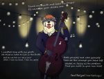  2018 cello clothed clothing digital_media_(artwork) english_text hair hi_res looking_up lupelongo male mammal music musical_instrument musical_note open_mouth procyonid raccoon red_panda sad simple_background singing solo standing text 