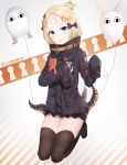  abigail_williams_(fate/grand_order) absurdres animal_print bangs black_bow black_jacket black_legwear blonde_hair blue_eyes blush bow commentary_request crossed_bandaids diagonal_stripes ds_a fate/grand_order fate_(series) hair_bow hair_bun hands_up head_tilt heroic_spirit_traveling_outfit highres jacket key keyhole long_hair long_sleeves looking_at_viewer medjed no_shoes object_hug orange_bow parted_bangs parted_lips polka_dot polka_dot_bow sleeves_past_fingers sleeves_past_wrists solo striped stuffed_animal stuffed_toy suction_cups teddy_bear tentacles thighhighs tiger_print twitter_username 