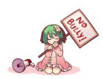  animal_ears closed_eyes commentary dog_ears dress english english_commentary green_hair head_down holding holding_sign kasodani_kyouko kneeling long_sleeves megaphone pink_dress short_hair sign simple_background solo touhou white_background yoruny 
