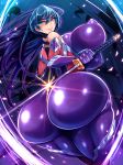  1girl ass bangs bare_shoulders blue_hair breasts erect_nipples eyebrows_visible_through_hair gloves green_eyes hair_between_eyes highres huge_ass huge_breasts igawa_asagi impossible_clothes katana long_hair looking_at_viewer looking_back parted_lips puffy_areolae purple_gloves skin_tight smile solo sword taimanin_(series) taimanin_asagi weapon 