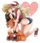  artist_request ass blonde_hair blue_eyes breast_press breasts butt_crack cutoffs denim denim_shorts dougi fatal_fury fingerless_gloves full_body genderswap genderswap_(mtf) gloves heart highres kneeling large_breasts legs_together licking_lips long_hair looking_at_viewer multiple_girls no_panties off_shoulder pants_pull ryou_sakazaki ryuuko_no_ken shirt shoes short_hair shorts sleeveless sneakers snk snk_heroines:_tag_team_frenzy source_request stirrup_legwear symmetrical_docking t-shirt terry_bogard the_king_of_fighters toeless_legwear tongue tongue_out vest white_background yuri 