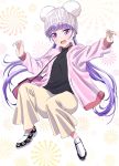  :d bag bangs black_shirt blunt_bangs cardigan floating_hair full_body hat highres long_hair looking_at_viewer new_game! open_cardigan open_clothes open_mouth pants pink_cardigan pink_eyes pink_x purple_hair shirt smile solo suzukaze_aoba twintails very_long_hair white_background white_hat white_pants 