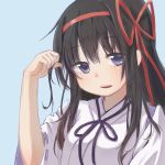  akemi_homura black_hair blue_background commentary_request eyebrows_visible_through_hair hair_flip hair_ribbon long_hair looking_at_viewer mahou_shoujo_madoka_magica nontraditional_miko open_mouth purple_eyes red_ribbon ribbon simple_background smile what_(artist) 