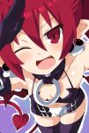  bat_wings belt black_gloves black_legwear demon_girl demon_tail disgaea earrings elbow_gloves etna eyebrows_visible_through_hair flat_chest from_above gloves iwasi-r jewelry looking_at_viewer makai_senki_disgaea mini_wings miniskirt navel one_eye_closed open_mouth pointy_ears red_eyes red_hair salute short_hair skirt skull_earrings smile solo tail thighhighs wings 