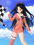  absurdres bangs black_hair black_ribbon blue_sky blush checkered checkered_flag closed_mouth cloud commentary_request day ds_a earrings fate/grand_order fate_(series) flag forehead fur-trimmed_jacket fur-trimmed_legwear fur_trim hair_ribbon highres holding holding_flag hoop_earrings ishtar_(fate/grand_order) ishtar_(swimsuit_rider)_(fate) jacket jewelry long_hair long_sleeves outdoors parted_bangs pink_jacket red_eyes red_legwear ribbon single_thighhigh sky smile solo standing thighhighs tiara two_side_up very_long_hair 