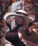  armpits autumn_leaves bare_shoulders big_hat blonde_hair borrowed_character breasts cutesexyrobutts elbow_gloves fangs gloves hair_over_one_eye hat highres lips long_hair looking_at_viewer lucretia_(doctor_masube) meme_attire original red_eyes ribbed_sweater shadow sideboob sitting solo sweater tree vampire very_long_hair virgin_killer_sweater water waterfall 