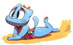  aged_down anthro anus beach blue_eyes blue_fur bow cartoon_network cat clothed clothing cub feline female fur mammal nicole_watterson raised_tail sand sand_castle sculpture seaside simple_background solo sunibee swimsuit the_amazing_world_of_gumball white_background young 
