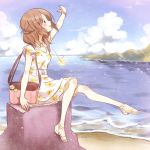  arm_up bag beach brown_hair cloud cloudy_sky commentary_request day dress floral_print fujimiya_kaori hair_ornament isshuukan_friends jewelry leg_up long_hair necklace ocean on_rock outdoors pink_bag shiro_usagi_(huwa-huwa-flower) short_sleeves sitting sky solo summer tied_hair white_dress white_footwear 