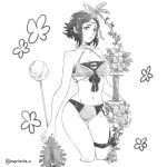  arrow bikini bow_(weapon) breasts circlet cleavage closed_mouth fire_emblem fire_emblem:_kakusei fire_emblem_heroes flower greyscale holding holding_arrow holding_bow_(weapon) holding_weapon insarability medium_breasts monochrome navel noire_(fire_emblem) short_hair simple_background solo swimsuit thigh_strap twitter_username weapon white_background 