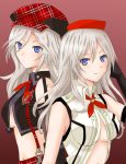  2girls alisa_ilinichina_amiella blue_eyes breasts god_eater hat large_breasts long_hair midriff multiple_girls silver_hair underboob 