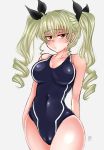  1girl anchovy blush breasts curvy female girls_und_panzer large_breasts long_hair looking_at_viewer one-piece_swimsuit partially_visible_vulva shiny shiny_skin solo standing swimsuit twintails 