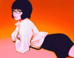  black_hair bob_cut closed_mouth crossed_arms glasses gradient gradient_background green_eyes ilya_kuvshinov lips looking_at_viewer lying on_stomach orange_background original shirt short_hair skirt solo 