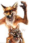  2017 4_fingers anthro black_nose canine claws duo fangs fox kenket mammal open_mouth simple_background traditional_media_(artwork) whiskers white_background yellow_eyes 