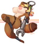 2018 anthro areola belt big_breasts breasts canine cherrikissu clothing digital_media_(artwork) eyewear female fingerless_gloves fur gloves goggles hair hi_res holding_object looking_at_viewer mammal multicolored_hair nipples signature solo tanuki thick_thighs tools voluptuous wrench 