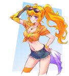  absurdres ahoge asymmetrical_legwear blonde_hair breasts cleavage commentary denim denim_shorts hand_on_hip highres iesupa large_breasts long_hair midriff navel ponytail prosthesis prosthetic_arm purple_eyes rwby short_shorts shorts solo sunglasses wavy_hair yang_xiao_long 