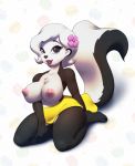  anthro big_breasts black_fur breasts chest_tuft clothed clothing exposed_breasts female flower flower_in_hair fluffy fluffy_tail fur hair lipstick makeup mammal miz_ma&#039;m&#039;selle_hepzibah multicolored_fur nipples nitro plant pogo skirt skunk thick_thighs topless tuft white_fur white_hair 