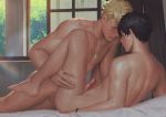  2boys anal barefoot bed bedroom black_hair blonde_hair blush erection lying multiple_boys nude penetration penguin_frontier penis persona persona_5 sex sweat uncensored yaoi 