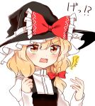  blonde_hair blush bow braid commentary d: hakurei_reimu hat hat_bow highres kirisame_marisa long_sleeves medium_hair open_mouth red_bow red_ribbon ribbon side_braid single_braid solo surprised touhou turtleneck v-shaped_eyebrows vest wavy_hair witch_hat yellow_eyes yururi_nano 