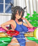  ball beachball black_hair blue_swimsuit competition_swimsuit covered_nipples cowboy_shot enemy_lifebuoy_(kantai_collection) headgear highleg highleg_swimsuit impossible_clothes impossible_swimsuit kantai_collection long_hair nagato_(kantai_collection) one-piece_swimsuit plant red_eyes shiromeshi_(puff) sitting solo swimsuit tan tanline vines wading_pool water window 
