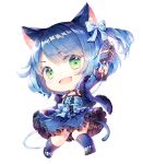  1boy :d animal_ears artist_name blue_dress blue_hair bow cat_ears cat_tail chibi commentary_request commission dress frilled_dress frills fur_trim green_eyes hair_bow hair_ornament holding holding_microphone jumping long_sleeves looking_at_viewer male_focus microphone open_mouth otoko_no_ko ryoune_yami short_hair smile socks solo tail tonowa transparent_background utau 