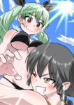  2girls anchovy blush breasts curvy female girls_und_panzer grabbing large_breasts long_hair multiple_girls pepperoni_(girls_und_panzer) shiny shiny_skin sky solo swimsuit thong twintails 