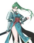  asymmetrical_bangs bangs breasts coat cowboy_shot dress earrings fingerless_gloves fire_emblem fire_emblem:_kakusei fire_emblem:_rekka_no_ken fur-trimmed_boots fur-trimmed_coat fur_trim gauntlets gloves green_eyes green_hair hand_on_hilt highres japanese_armor jewelry katana kori_(etinop) long_hair long_sleeves looking_at_viewer lyndis_(fire_emblem) medium_breasts pelvic_curtain ponytail sash scabbard sheath sheathed shoulder_armor side_slit simple_background smile sword thighs weapon white_background 