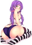  ass blush breasts buruma commentary fast-runner-2024 green_eyes grin highres long_hair looking_at_viewer looking_back love_live! love_live!_school_idol_project purple_hair smile solo striped striped_legwear thighhighs toujou_nozomi twintails 