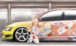  absurdres blonde_hair blue_eyes car dekomegane eyebrows forehead full_body glasses ground_vehicle hairband highres itasha long_hair looking_at_viewer midriff miniskirt mitsubishi_lancer_evolution motor_vehicle navel one_eye_closed original race_queen silenxe skirt smile solo thick_eyebrows 