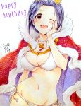 ;d bikini breasts commentary_request dated hand_on_own_cheek hand_on_own_face highres idolmaster idolmaster_million_live! jewelry looking_at_viewer miura_azusa mogemoge00 necklace one_eye_closed open_mouth purple_hair royal_robe short_hair side-tie_bikini simple_background smile standing swimsuit white_bikini 