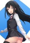  absurdres asashio_(kantai_collection) ass belt black_hair black_legwear blue_background blue_eyes blue_panties blush breasts commentary_request dress eyebrows_visible_through_hair hair_between_eyes highres hinacalibur kantai_collection long_hair long_sleeves neck_ribbon open_mouth panties pantyshot pinafore_dress red_ribbon remodel_(kantai_collection) ribbon shirt simple_background small_breasts solo thighhighs underwear white_background white_shirt 