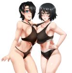  black_hair blue_eyes borrowed_character breast_press comic commentary commission english_commentary eyebrows_visible_through_hair frown green_eyes hair_between_eyes hair_over_one_eye hand_on_another's_waist hand_on_hip hug multiple_girls navel o-ring original parted_lips saya_(twrlare) short_hair simple_background smile symmetrical_docking twrlare white_background 