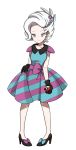  1girl absurdres alternate_costume alternate_hairstyle black_footwear black_gloves blue_eyes blush collarbone creatures_(company) dress earrings female freckles full_body game_freak gloves gym_leader hair_bobbles hair_ornament half-closed_eyes hand_on_hip high_heels highres holding holding_poke_ball homika_(pokemon) jewelry multicolored multicolored_clothes multicolored_dress nintendo ochistrikitu pigeon-toed poke_ball poke_ball_(generic) pokemon pokemon_(game) pokemon_bw2 sash shoes short_hair sleeveless sleeveless_dress smile solo standing transparent_background white_hair 